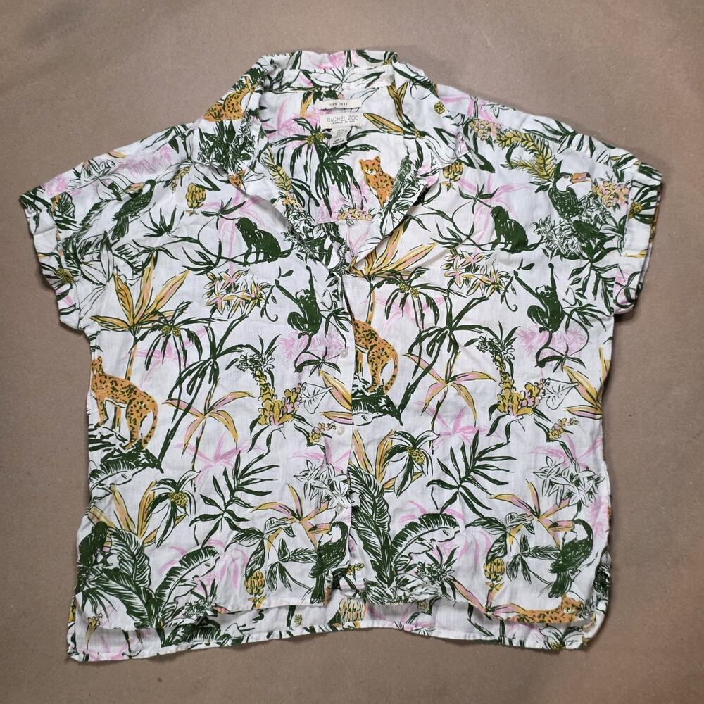 Rachel Zoe Womens XL jungle Floral 100% Linen Button Down Shirt boxy tropical